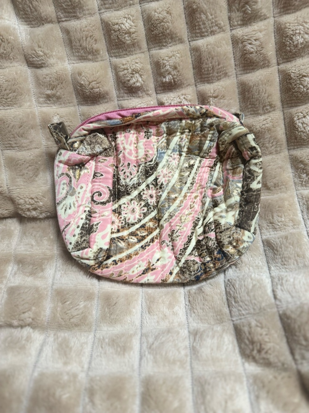 Quilted Paisley Cosmetic Pouch in Pink and Brown